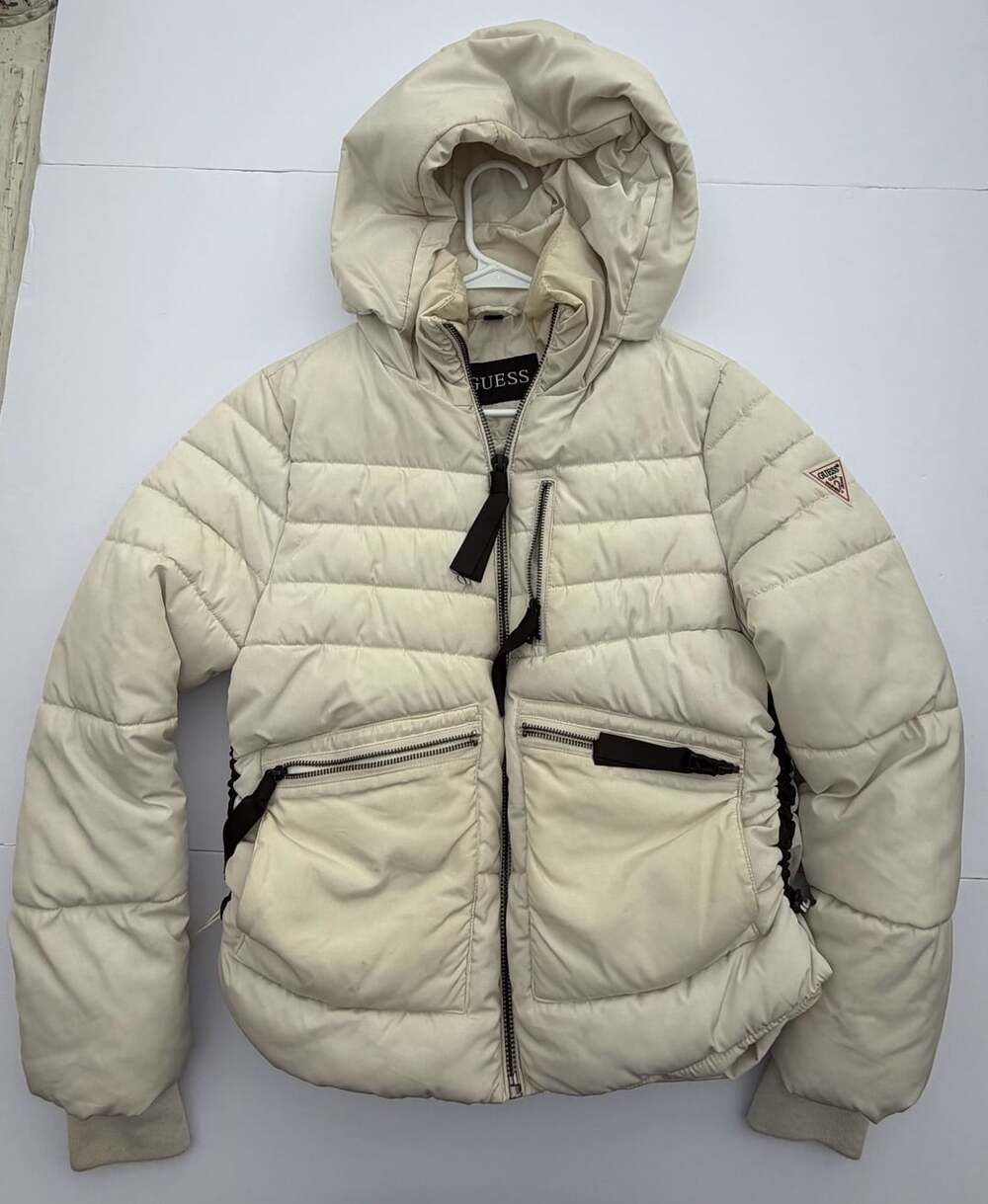 Guess Cream Hooded Puffer Winter Jacket with Black Accent Details Size M
